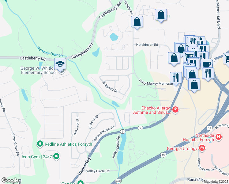 map of restaurants, bars, coffee shops, grocery stores, and more near 4520 Ridgefair Drive in Cumming