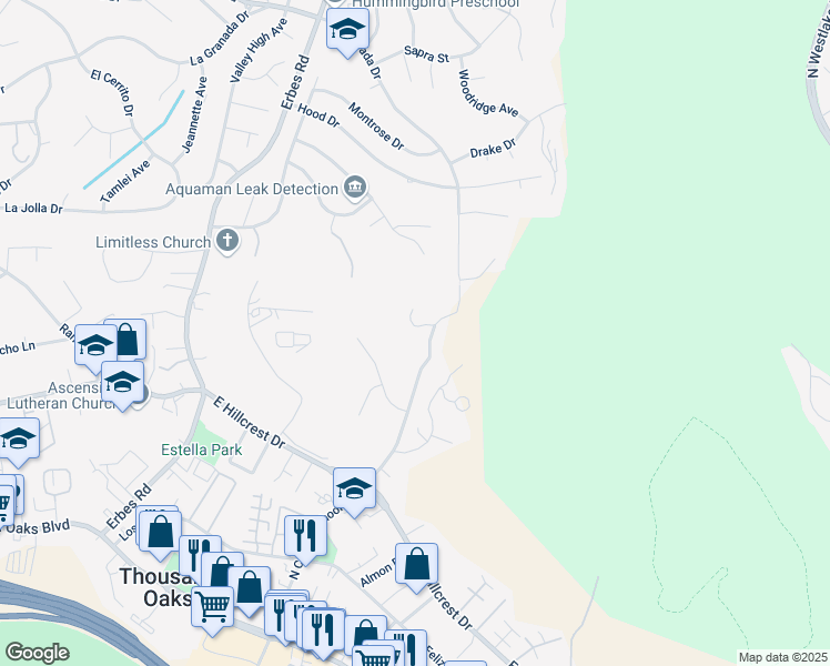 map of restaurants, bars, coffee shops, grocery stores, and more near 685 North Conejo School Road in Thousand Oaks