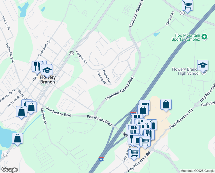 map of restaurants, bars, coffee shops, grocery stores, and more near 4766 Victoria Drive in Flowery Branch