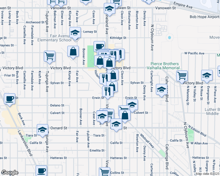 map of restaurants, bars, coffee shops, grocery stores, and more near 6301 Craner Avenue in Los Angeles