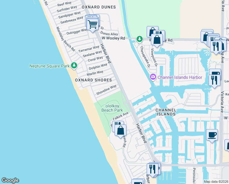 map of restaurants, bars, coffee shops, grocery stores, and more near 4834 Oceanaire Street in Oxnard
