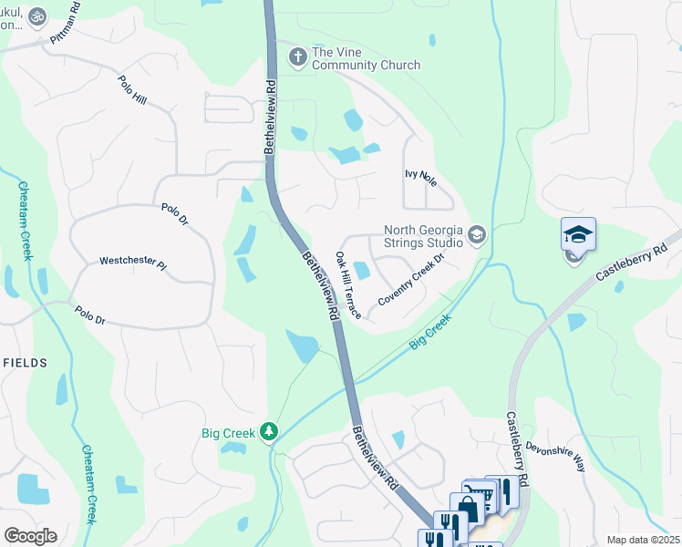 map of restaurants, bars, coffee shops, grocery stores, and more near 5155 Oak Hill Terrace in Cumming