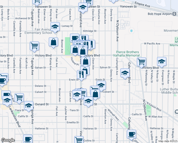 map of restaurants, bars, coffee shops, grocery stores, and more near 6240 Craner Avenue in Los Angeles