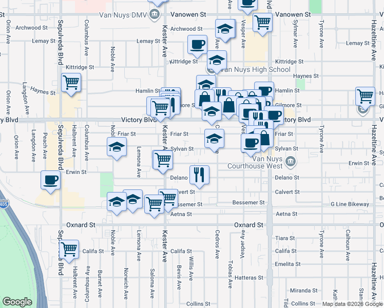 map of restaurants, bars, coffee shops, grocery stores, and more near 14764 Sylvan Street in Los Angeles