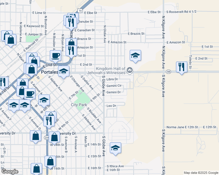map of restaurants, bars, coffee shops, grocery stores, and more near 1112 Libra Drive in Portales