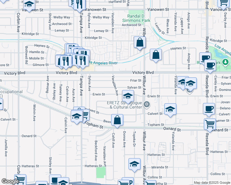 map of restaurants, bars, coffee shops, grocery stores, and more near 19119 Sylvan Street in Los Angeles