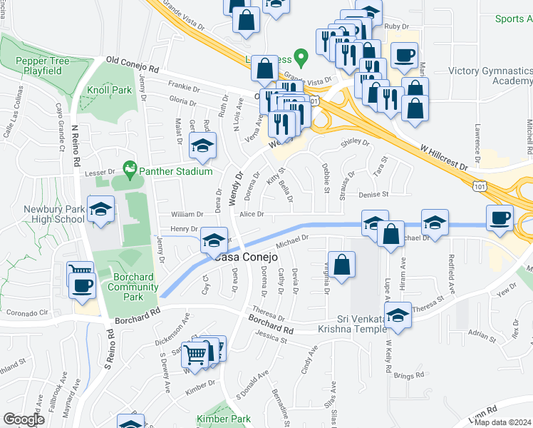 map of restaurants, bars, coffee shops, grocery stores, and more near 3132 Alice Drive in Ventura County