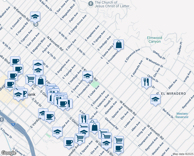 map of restaurants, bars, coffee shops, grocery stores, and more near 821 East Providencia Avenue in Burbank