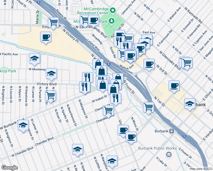 map of restaurants, bars, coffee shops, grocery stores, and more near 107 West Burbank Boulevard in Burbank