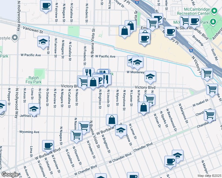 map of restaurants, bars, coffee shops, grocery stores, and more near 1417 North Myers Street in Burbank