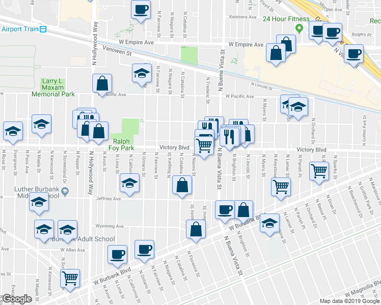 map of restaurants, bars, coffee shops, grocery stores, and more near 2711 West Victory Boulevard in Burbank