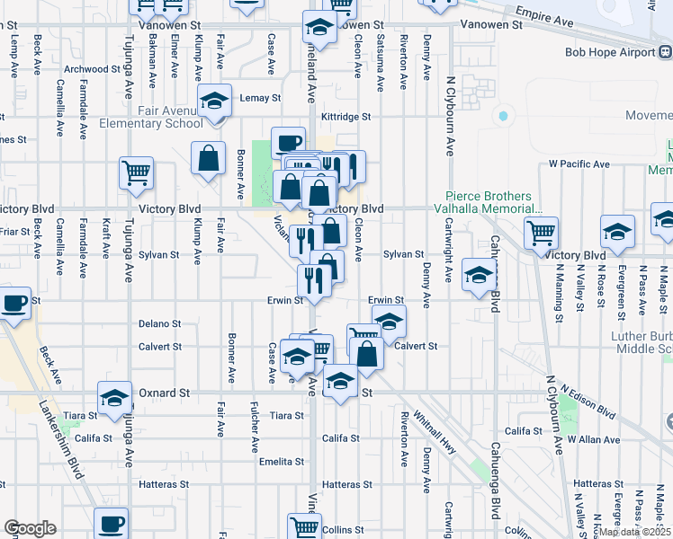 map of restaurants, bars, coffee shops, grocery stores, and more near 6301 Craner Avenue in Los Angeles