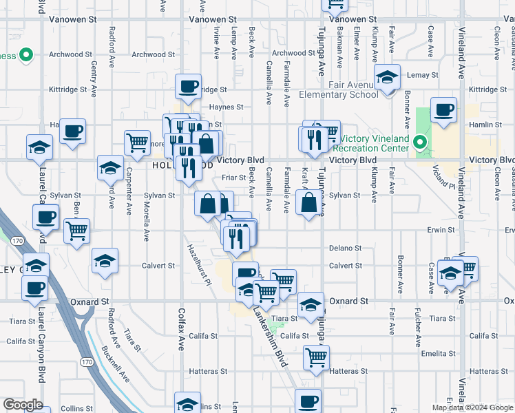 map of restaurants, bars, coffee shops, grocery stores, and more near 6302 Beck Avenue in Los Angeles