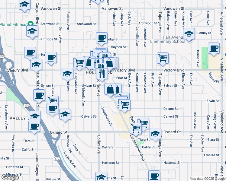 map of restaurants, bars, coffee shops, grocery stores, and more near 6240 Lankershim Boulevard in Los Angeles