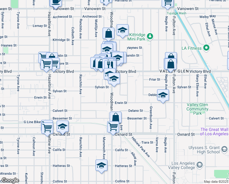 map of restaurants, bars, coffee shops, grocery stores, and more near 6308 Woodman Avenue in Los Angeles