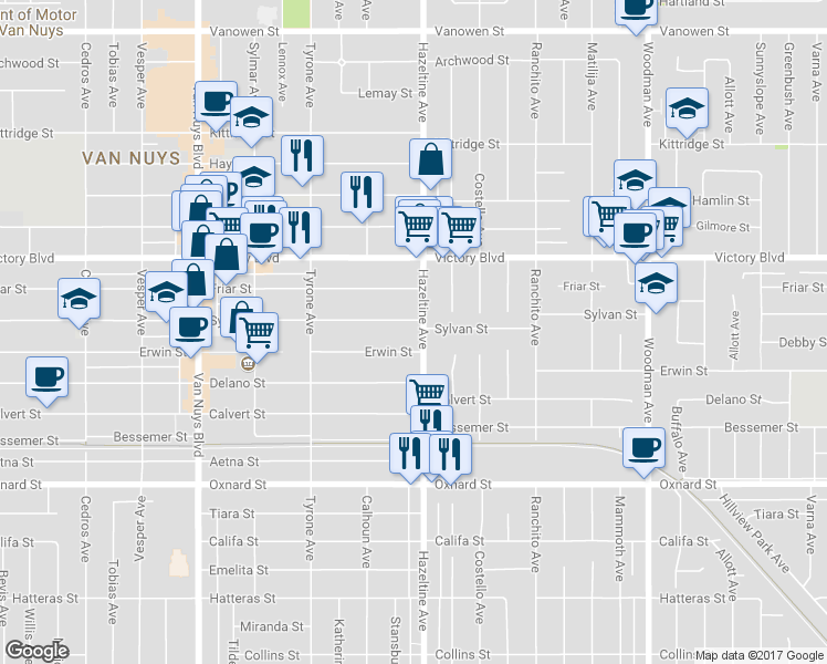 map of restaurants, bars, coffee shops, grocery stores, and more near 6311 Hazeltine Avenue in Los Angeles