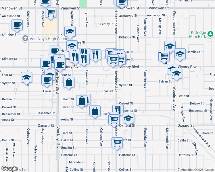 map of restaurants, bars, coffee shops, grocery stores, and more near 14143 Sylvan Street in Los Angeles