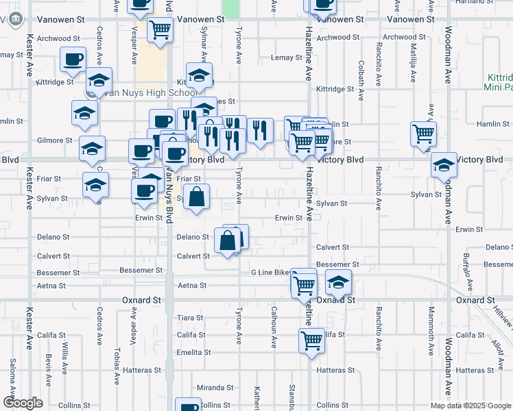 map of restaurants, bars, coffee shops, grocery stores, and more near 14225 Sylvan Street in Los Angeles