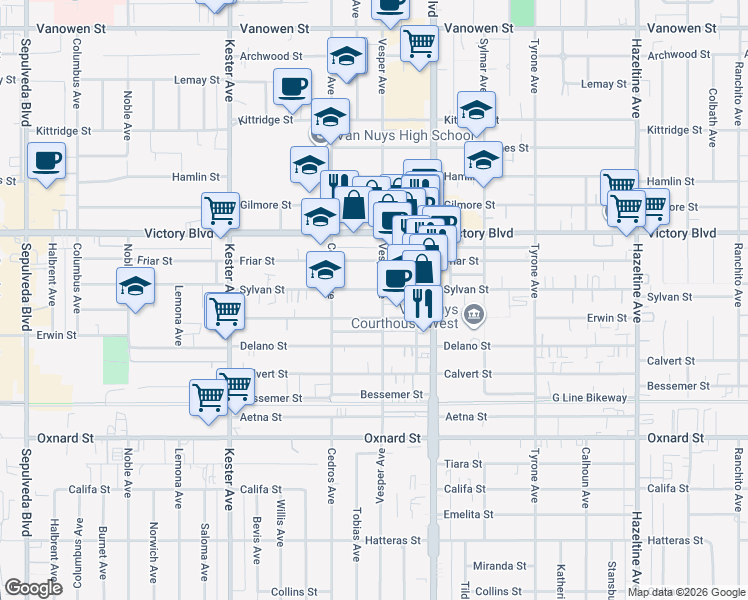 map of restaurants, bars, coffee shops, grocery stores, and more near 14633 Sylvan Street in Los Angeles