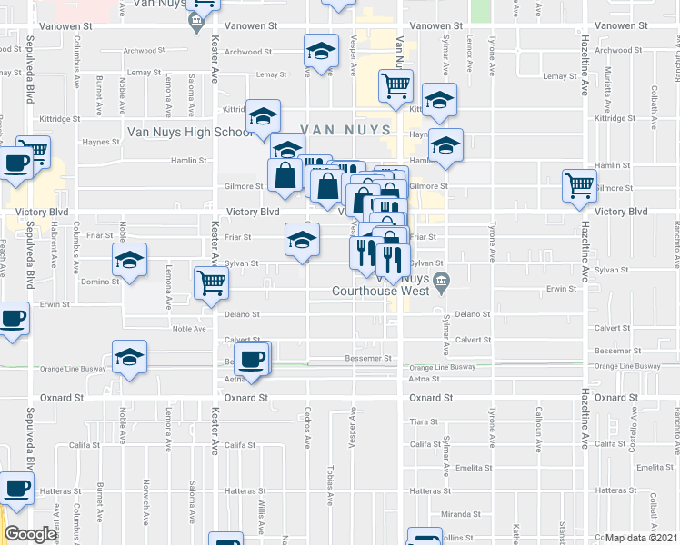 map of restaurants, bars, coffee shops, grocery stores, and more near 14633 Sylvan Street in Los Angeles