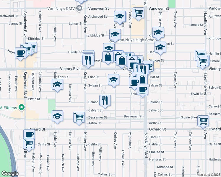 map of restaurants, bars, coffee shops, grocery stores, and more near 14707 Sylvan Street in Los Angeles