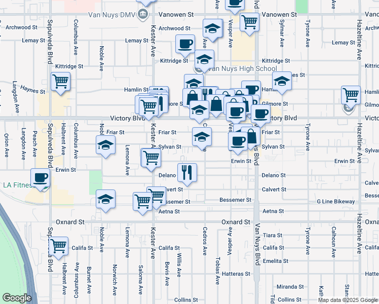 map of restaurants, bars, coffee shops, grocery stores, and more near 14753 Sylvan Street in Los Angeles