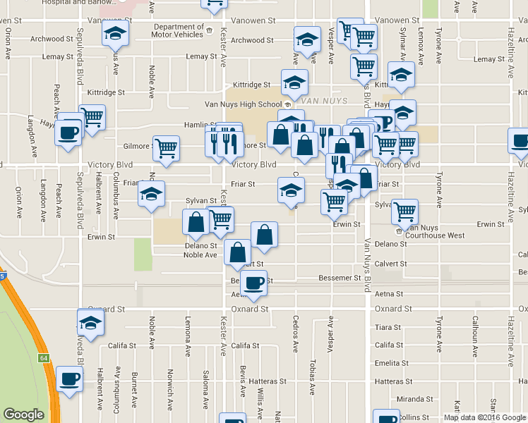 map of restaurants, bars, coffee shops, grocery stores, and more near 14753 Sylvan Street in Los Angeles