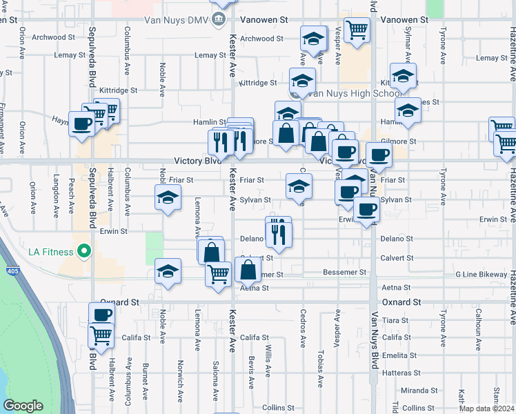 map of restaurants, bars, coffee shops, grocery stores, and more near 14810 Sylvan Street in Los Angeles