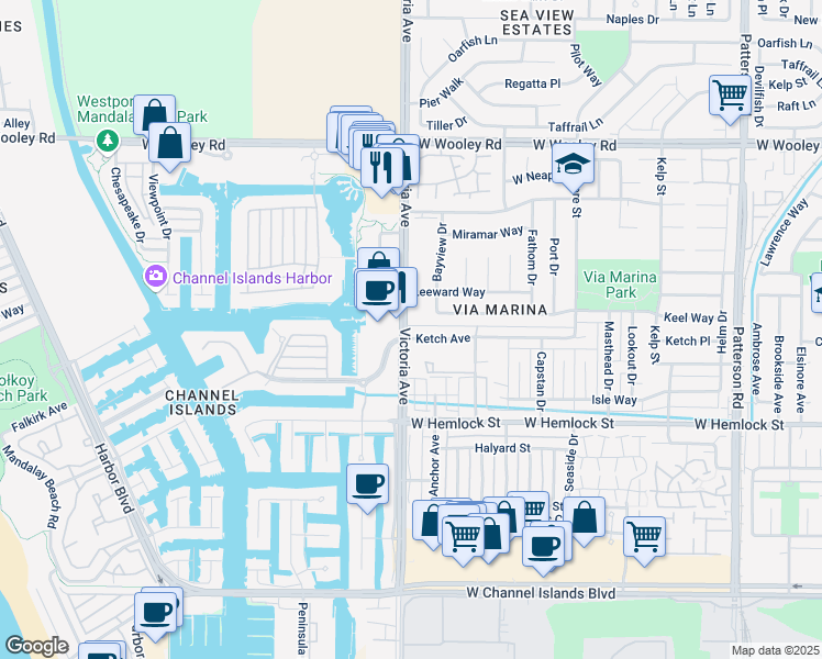 map of restaurants, bars, coffee shops, grocery stores, and more near 1601 Victoria Avenue in Oxnard