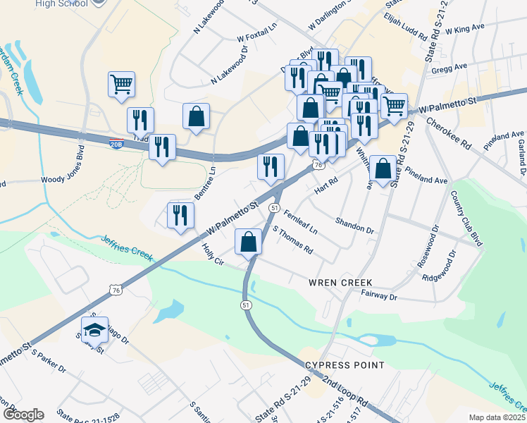 map of restaurants, bars, coffee shops, grocery stores, and more near 2206 U.S. 76 in Florence