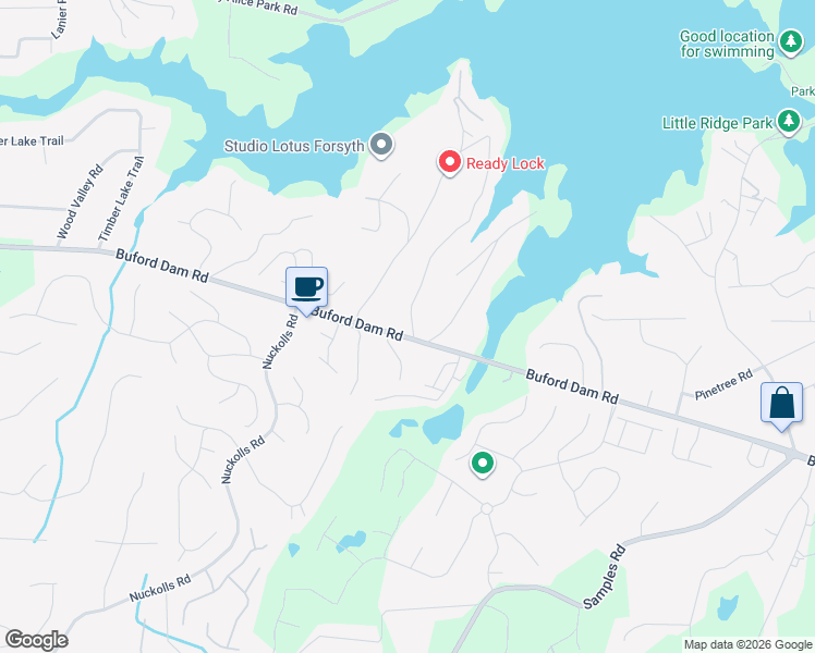 map of restaurants, bars, coffee shops, grocery stores, and more near 1815 Ridge Road in Cumming
