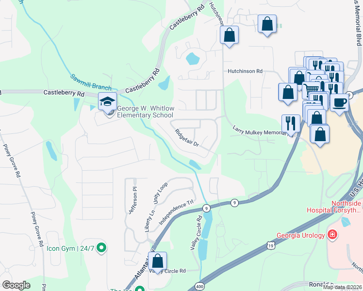 map of restaurants, bars, coffee shops, grocery stores, and more near 3455 Ridgefair Drive in Cumming