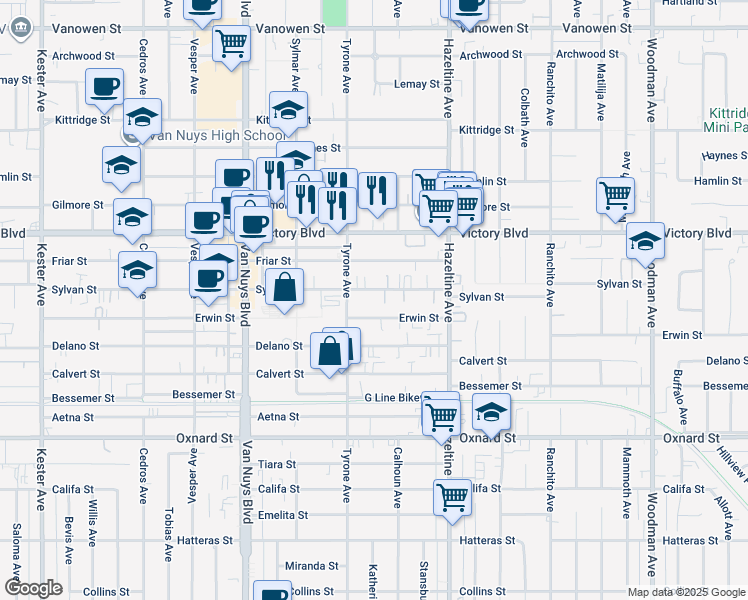map of restaurants, bars, coffee shops, grocery stores, and more near 14223 Sylvan Street in Los Angeles