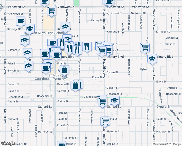 map of restaurants, bars, coffee shops, grocery stores, and more near 14202 Sylvan Street in Los Angeles
