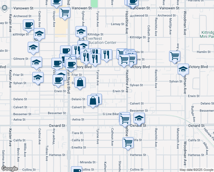 map of restaurants, bars, coffee shops, grocery stores, and more near 14222 Sylvan Street in Los Angeles