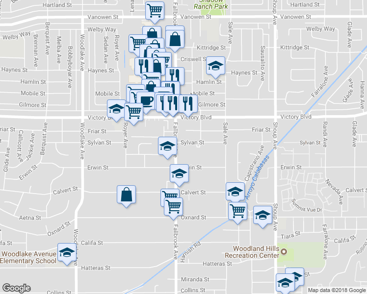 map of restaurants, bars, coffee shops, grocery stores, and more near 22742 Sylvan Street in Los Angeles