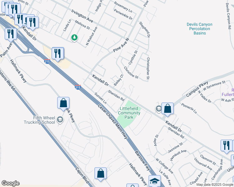 map of restaurants, bars, coffee shops, grocery stores, and more near 2622 Sheridan Road in San Bernardino