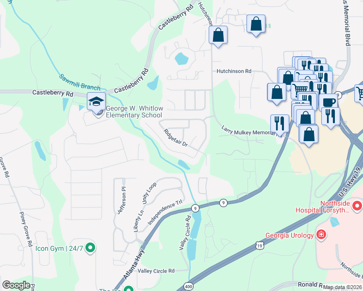 map of restaurants, bars, coffee shops, grocery stores, and more near 4510 Ridgefair Drive in Cumming