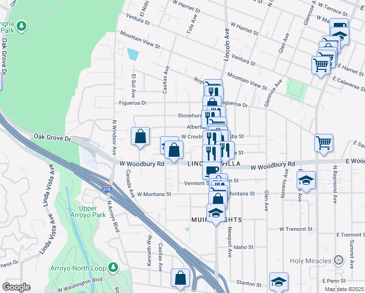 map of restaurants, bars, coffee shops, grocery stores, and more near North Spaulding Place in Altadena