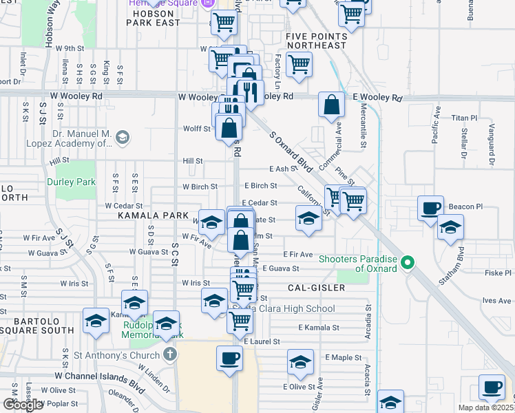 map of restaurants, bars, coffee shops, grocery stores, and more near 160 East Cedar Street in Oxnard