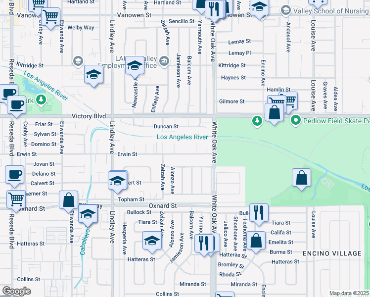 map of restaurants, bars, coffee shops, grocery stores, and more near 17805 Erwin Street in Los Angeles