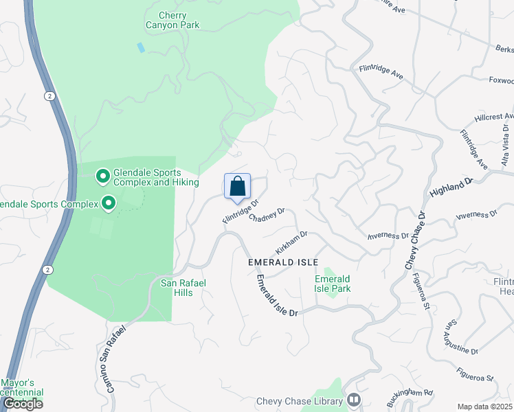 map of restaurants, bars, coffee shops, grocery stores, and more near 2314 Flintridge Drive in Glendale