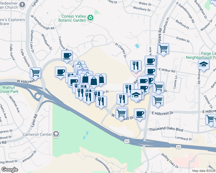 map of restaurants, bars, coffee shops, grocery stores, and more near 515 Marin Street in Thousand Oaks