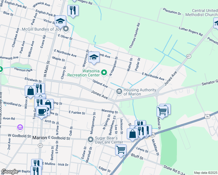 map of restaurants, bars, coffee shops, grocery stores, and more near 914 North Hampton Street in Marion