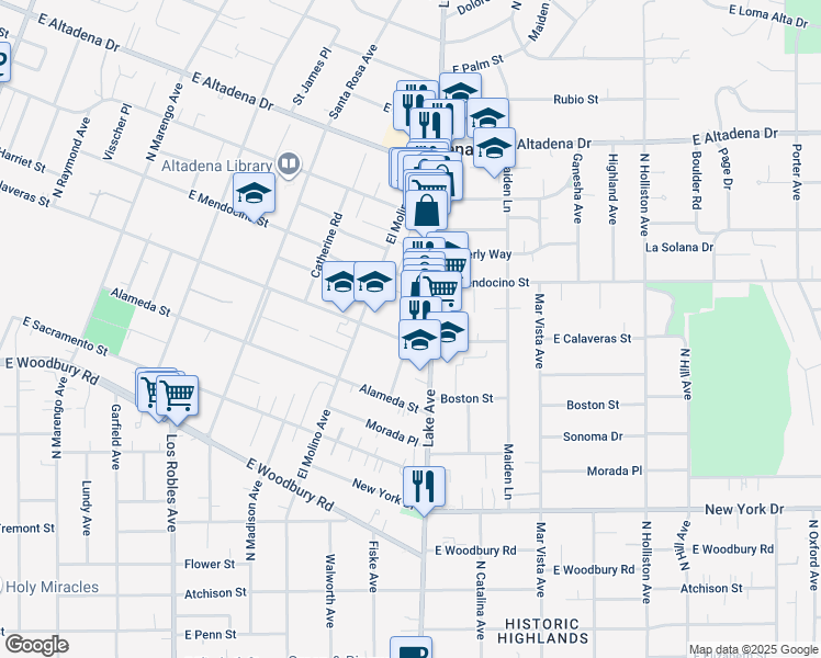 map of restaurants, bars, coffee shops, grocery stores, and more near in Altadena