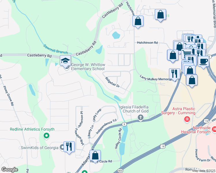 map of restaurants, bars, coffee shops, grocery stores, and more near 3435 Ridgefair Drive in Cumming