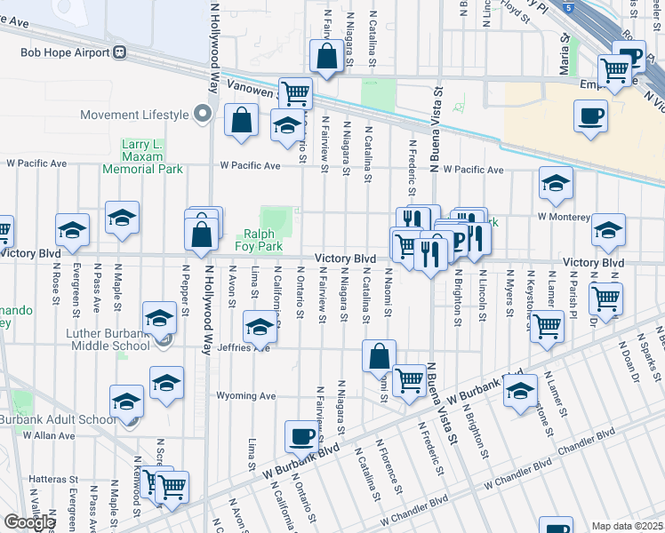 map of restaurants, bars, coffee shops, grocery stores, and more near 2908 West Victory Boulevard in Burbank