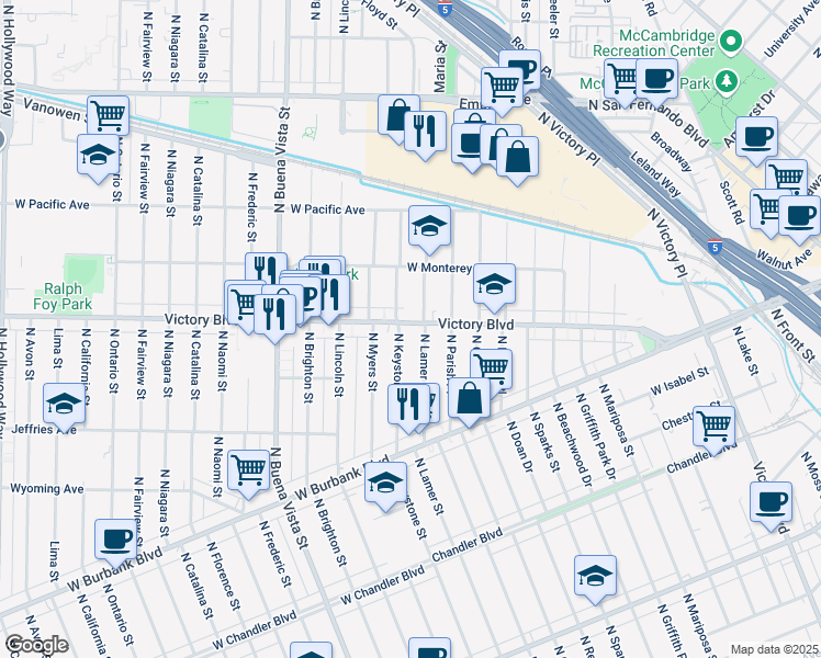 map of restaurants, bars, coffee shops, grocery stores, and more near 2010 West Victory Boulevard in Burbank