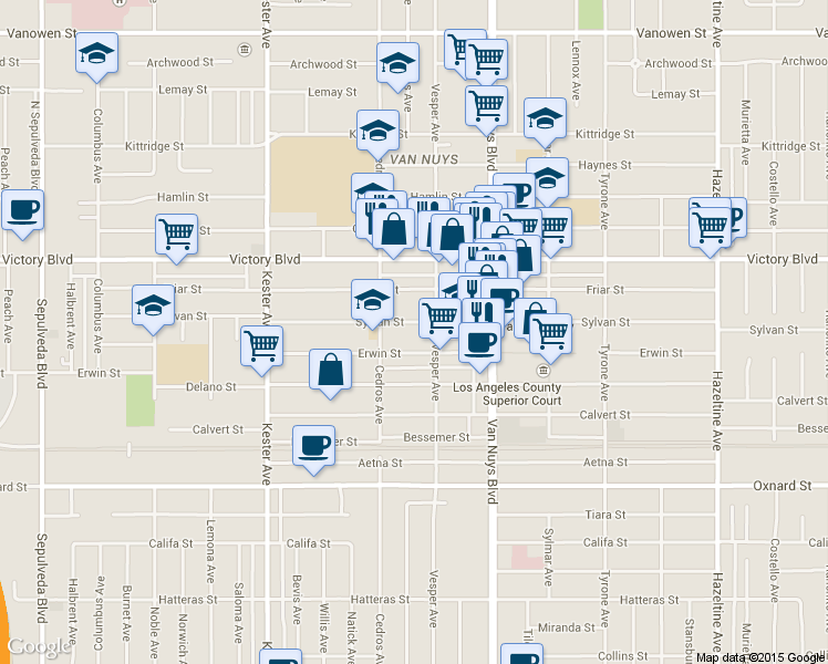 map of restaurants, bars, coffee shops, grocery stores, and more near 14622 Sylvan Street in Los Angeles