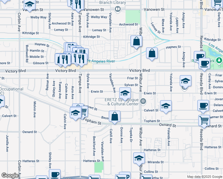 map of restaurants, bars, coffee shops, grocery stores, and more near 19111 Erwin Street in Los Angeles